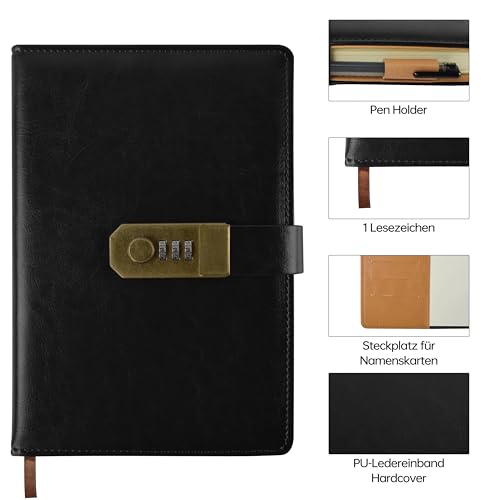 Journal Intime à Serrure Vintage A5 en Cuir PU - 200 Pages 100gsm avec Code de Sécurité - Cadeau Idéal
