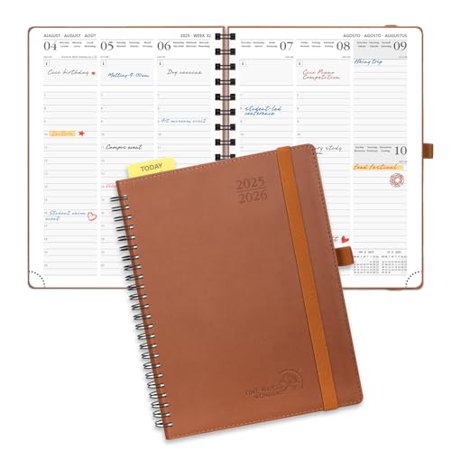POPRUN Agenda Semainier 2025-2026 : Planificateur Vertical 17 Mois (Août 2025 - Décembre 2026) avec Couverture Souple, Spirale, Règle et signet - Format 22 x 16,5 cm, Papier 80g/m², Marron