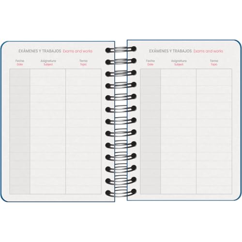 Agenda Scolaire 2025-2026 A6 (12x17 cm) - Page par Jour, Bilingue Espagnol/Anglais, Spirale Double, Élastique, Couverture Rigide, Autocollants - COLOUR VIBES Bleu