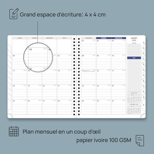 POPRUN Agenda 2025-2026 Semainier A5 - Français, Intervalles 15 min, Août 2025 à Juillet 2026, Couverture Souple Spirale, Papier 100g/m², Vert Pacifique