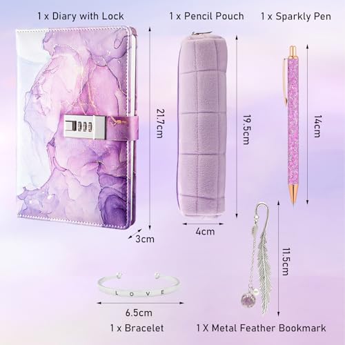TNSLAND Set de Papeterie Violet : Journal Intime Fille avec Serrure, Stylo, Bracelet et Marque-Page - Le Coffret Cadeau Idéal pour Filles de 7 à 14 Ans