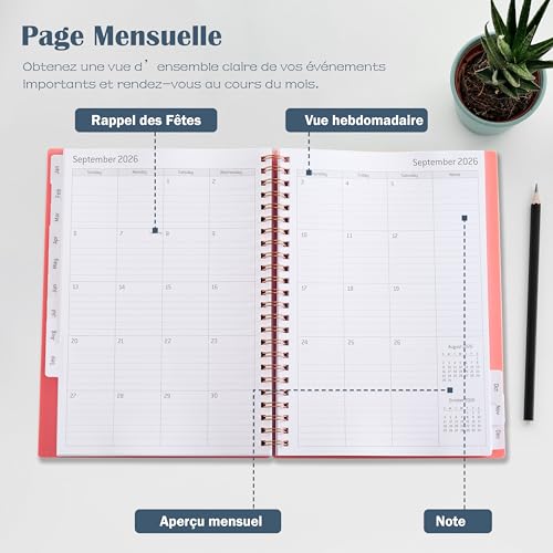 Agenda Semainier 2026 A5 Spirale - Planificateur Annuel avec Boucle Stylo et Autocollants - Bleu Clair