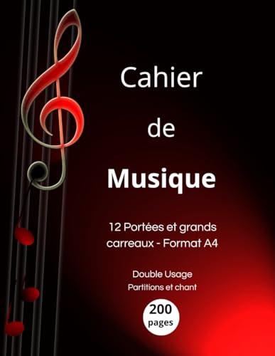 Cahier de Musique A4 200 Pages : 12 Portées & Grands Carreaux - Idéal Composition, Chant, Solfège