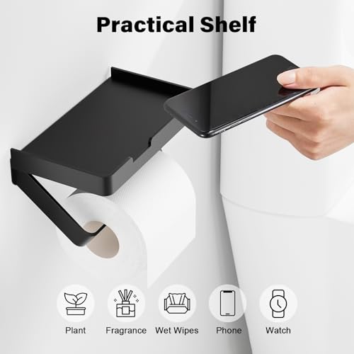 Euqvunn Porte Papier Toilette Mural avec Étagère - Installation Flexible (Sans Perçage, Autocollant, Vissage) - Noir Mat