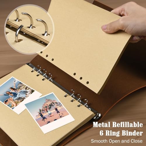 OMEYA Carnet en Cuir Vintage A5 Rechargeable - Journal de Voyage 160 Pages Blanc 100g/m² avec 2 Pochettes PVC