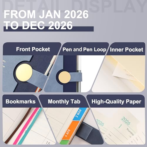Agenda Scolaire 2026 A5 Journalier - Planificateur Annuel Rigide avec Stylo Bleu