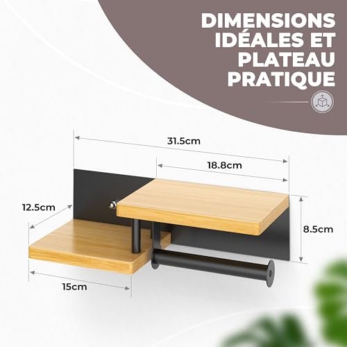 ElbFuchs® Porte Papier Toilette Mural en Bambou - Design Élégant avec Étagère Intégrée - Installation Facile sans Percage - Noir
