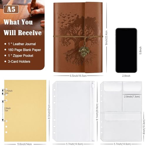 OMEYA Carnet en Cuir Vintage A5 Rechargeable - Journal de Voyage 160 Pages Blanc 100g/m² avec 2 Pochettes PVC