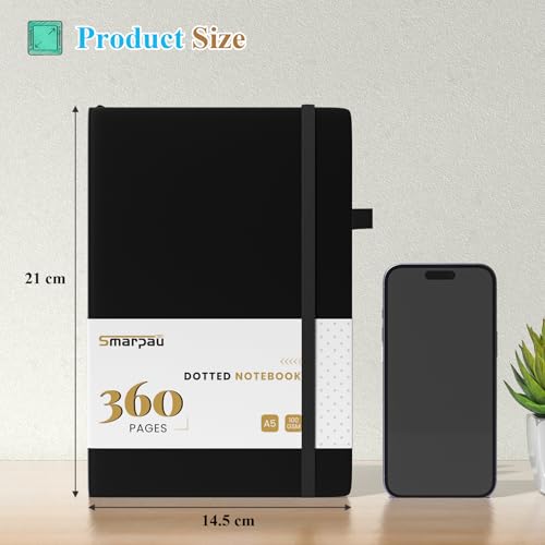 Smarpau Carnet de Notes A5 à Carreaux - Couverture Rigide en Cuir PU, 360 Pages, 100 g/m², Idéal pour Travail, Études et Voyages