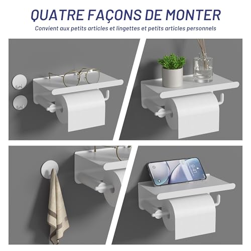 Porte Papier Toilette Mural Auto-Adhésif en Acier Inoxydable avec Étagère - Blanc