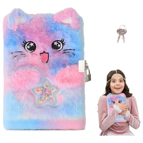 Journal Intime Fille Chat Mignon avec Serrure et Clé - Carnet Secret Peluche Douce 21,5x15,5 cm Rose Bleu - Cadeau Anniversaire Scolaire Voyage