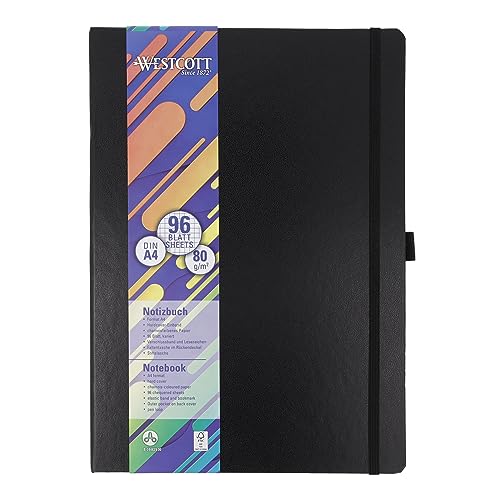 Westcott Carnet de Notes DIN A4 Quadrillé – 192 Pages, Couverture Rigide, Poche Intérieure, Marque-Page et Porte-Stylo