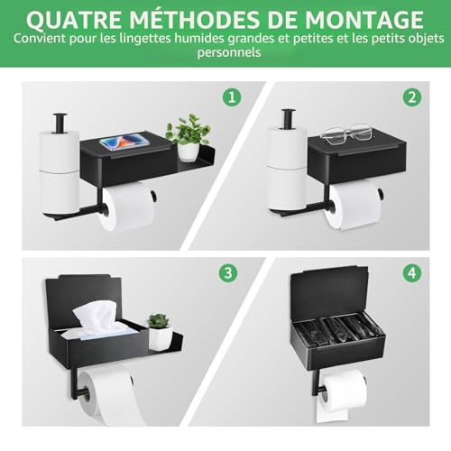 Porte-papier toilette mural avec étagère et boîte à lingettes - Acier inoxydable noir