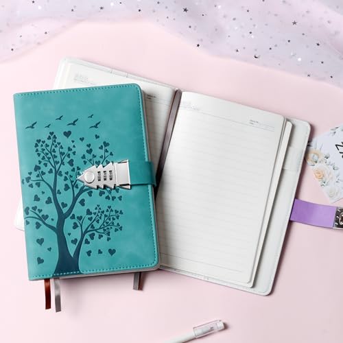 Journal Intime Cœur Verrouillable avec Arbre et Serrure – 244 Pages A5, Similicuir Bleu-Vert