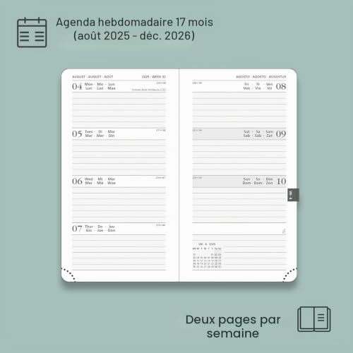 POPRUN Agenda de Poche 2025-2026 : Semainier 16,5 x 9 cm, 17 Mois, Couverture Rigide PU Cuir, Papier 80g/m², Idéal Étudiant, Menthe Verte