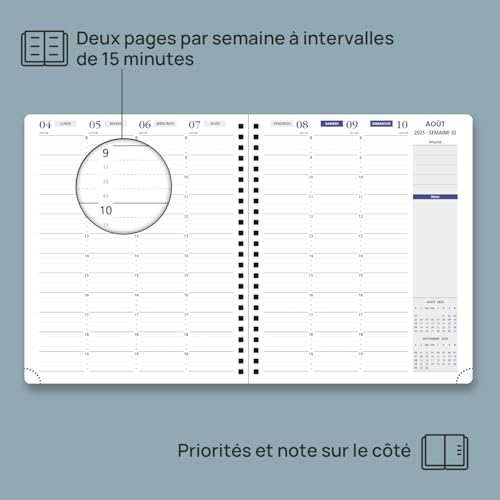 POPRUN Agenda 2025-2026 Semainier A5 - Français, Intervalles 15 min, Août 2025 à Juillet 2026, Couverture Souple Spirale, Papier 100g/m², Vert Pacifique