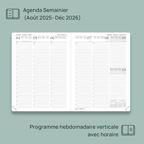 Agenda 2025-2026 Semainier Vertical POPRUN - 17 Mois avec Couverture PU Cuir Rose
