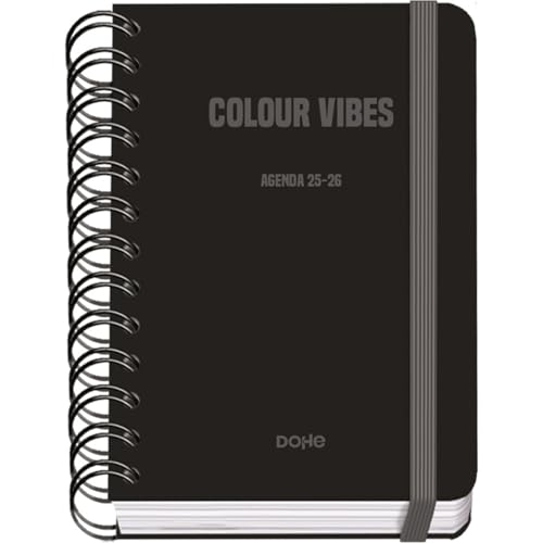 Agenda Scolaire 2025-2026 A6 (12x17 cm) - Page par Jour, Bilingue Espagnol/Anglais, Spirale, Élastique, Couverture Rigide, Autocollants - COLOUR VIBES Noir
