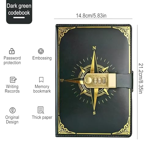 Carnet de Notes Intime en Cuir PU avec Serrure à Combinaison - Modèle Boussole Vert A5