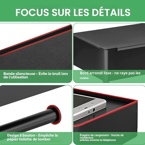 Porte-papier toilette mural avec étagère et boîte à lingettes - Acier inoxydable noir