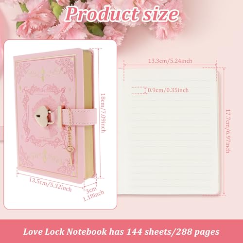 Carnet B6 à Serrure Cœur, 288 Pages Lignées Rechargeable, Journal Fleuri pour Filles et Femmes - Idée Cadeau Rose