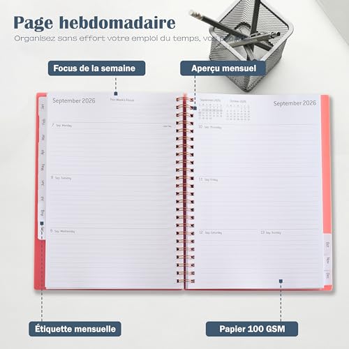Agenda Semainier 2026 A5 Spirale - Planificateur Annuel avec Boucle Stylo et Autocollants - Bleu Clair