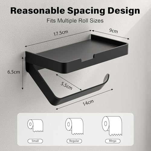 Euqvunn Porte Papier Toilette Mural avec Étagère - Installation Flexible (Sans Perçage, Autocollant, Vissage) - Noir Mat