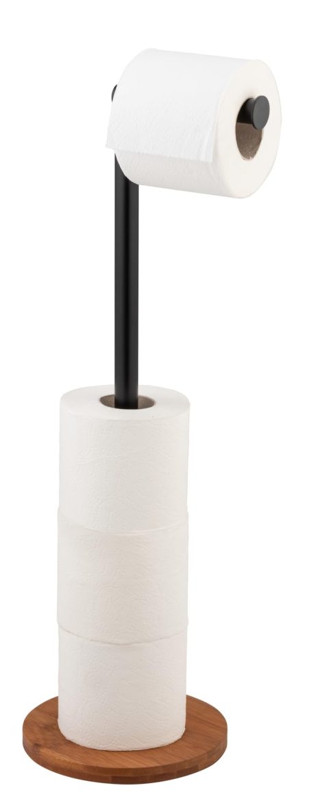 Wenko Serro : Support Papier Toilette 2 en 1 avec Rangement Bambou et Acier Noir Mat