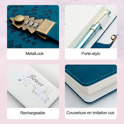 Carnet en cuir PU bleu paon A5 avec serrure à combinaison, 244 pages, idéal pour écrire ou offrir