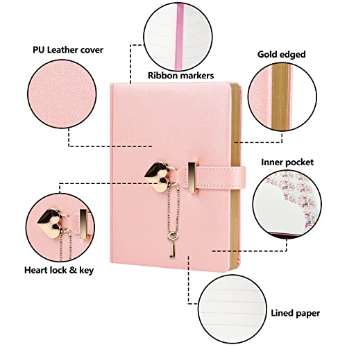 Relota Journal Intime Fille avec Cadenas Cœur - Carnet Secret PU Cuir B6 avec Stylo Diamant et Clé - Idéal Cadeau Fille
