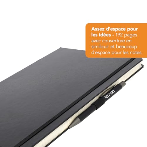 Westcott Carnet de Notes DIN A4 Quadrillé – 192 Pages, Couverture Rigide, Poche Intérieure, Marque-Page et Porte-Stylo