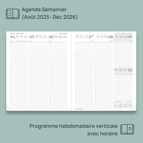 POPRUN Agenda 2025-2026 Semainier Vertical 26.5 x 21.5 cm, 17 Mois, Couverture Rigide, Vert Minuit