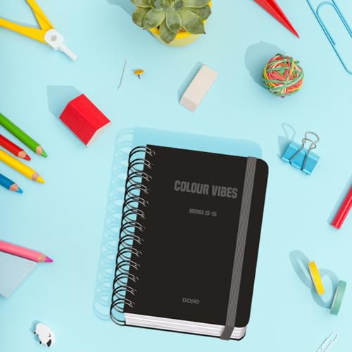 Agenda Scolaire 2025-2026 A6 (12x17 cm) - Page par Jour, Bilingue Espagnol/Anglais, Spirale, Élastique, Couverture Rigide, Autocollants - COLOUR VIBES Noir