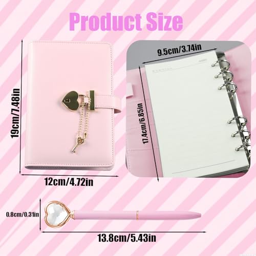 A6 Carnet de Notes Secret avec Cadenas Cœur, Journal Intime Fille, Stylo Diamant, Rose 190x120mm
