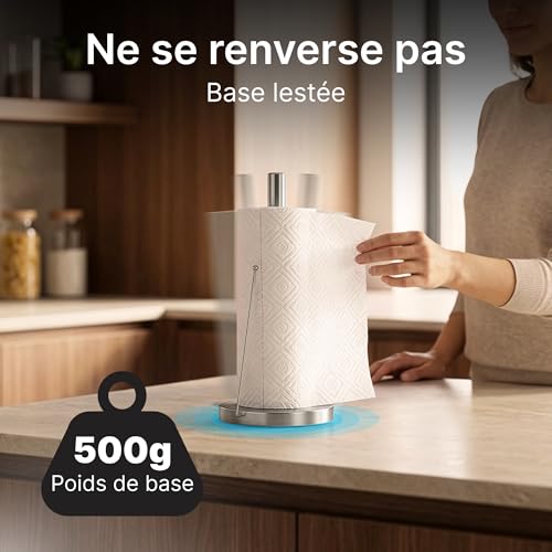 Minismus Porte Essuie-Tout sur Pied - Support Rouleau Stable avec Bras Anti-Roulement - Dérouleur Papier Cuisine Moderne - Accessoire Pratique et Élégant (Argent)