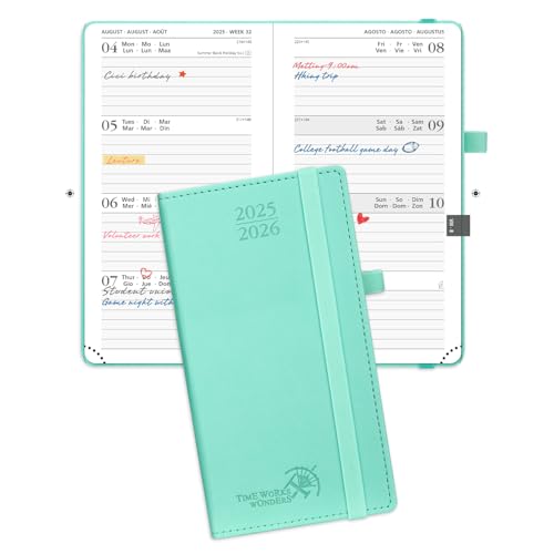 POPRUN Agenda de Poche 2025-2026 : Semainier 16,5 x 9 cm, 17 Mois, Couverture Rigide PU Cuir, Papier 80g/m², Idéal Étudiant, Menthe Verte