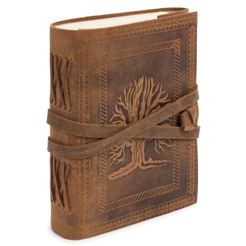 Carnet en Cuir Arbre de Vie – Journal Blanc Artisanal 18x13 cm, Idéal Voyage et Notes Personnelles