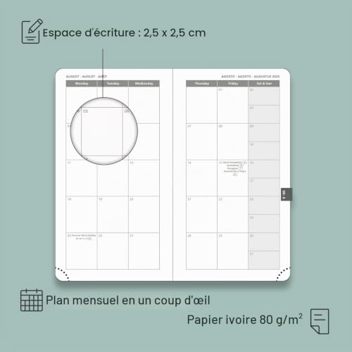POPRUN Agenda de Poche 2025-2026 : Semainier 16,5 x 9 cm, 17 Mois, Couverture Rigide PU Cuir, Papier 80g/m², Idéal Étudiant, Menthe Verte