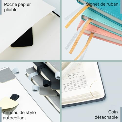 Agenda 2025-2026 Semainier Vertical POPRUN - 17 Mois avec Couverture PU Cuir Rose