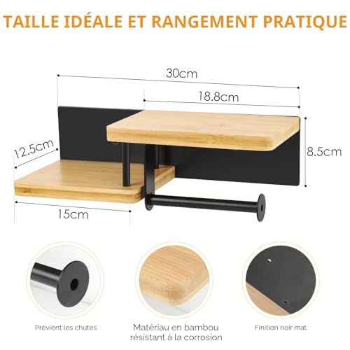Diealles Shine® Porte-Papier Toilette Mural avec Étagère – Support sans Perçage en Bambou et Acier Inoxydable
