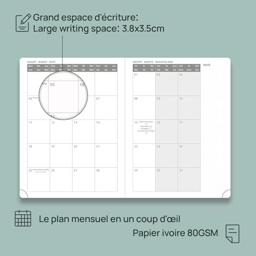 Agenda 2025-2026 Semainier Vertical POPRUN - 17 Mois avec Couverture PU Cuir Rose