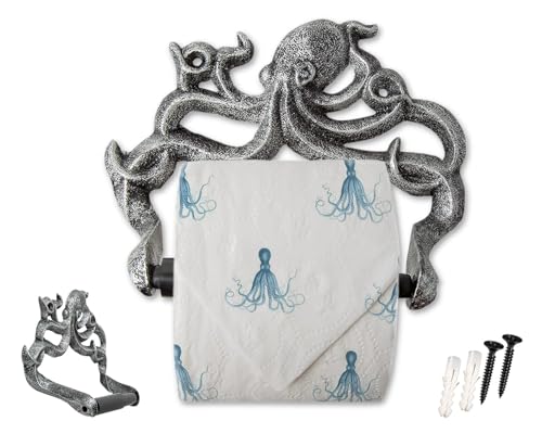 Porte-Rouleau Papier Toilette Fonte Pieuvre – Style Nautique Vintage – Argent et Noir
