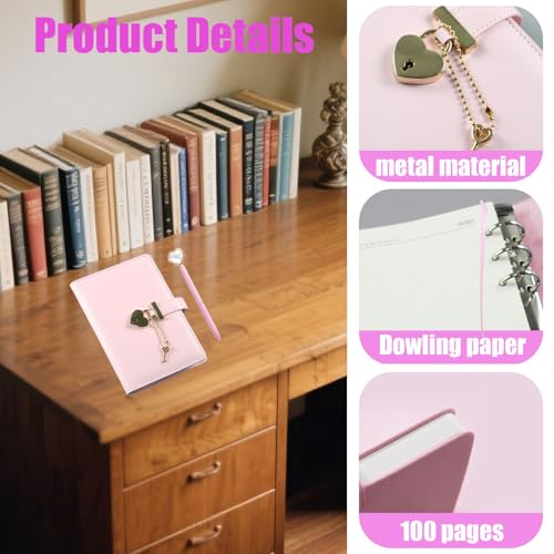 A6 Carnet de Notes Secret avec Cadenas Cœur, Journal Intime Fille, Stylo Diamant, Rose 190x120mm