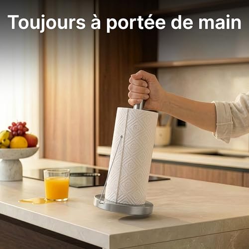 Minismus Porte Essuie-Tout sur Pied - Support Rouleau Stable avec Bras Anti-Roulement - Dérouleur Papier Cuisine Moderne - Accessoire Pratique et Élégant (Argent)