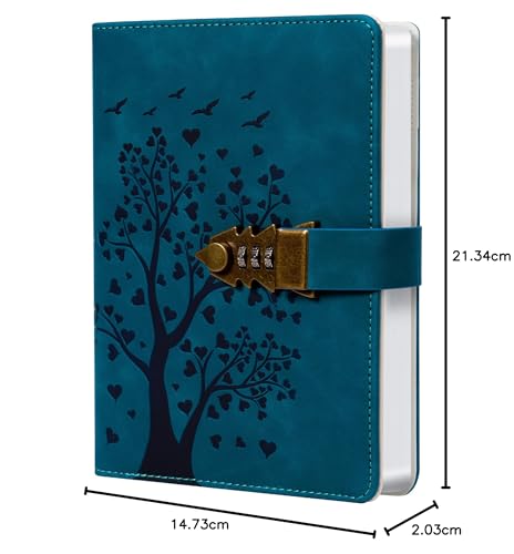 Carnet en cuir PU bleu paon A5 avec serrure à combinaison, 244 pages, idéal pour écrire ou offrir