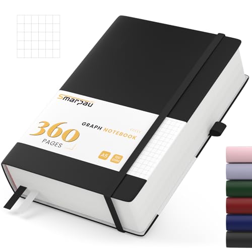 Smarpau Carnet de Notes A5 à Carreaux - Couverture Rigide en Cuir PU, 360 Pages, 100 g/m², Idéal pour Travail, Études et Voyages
