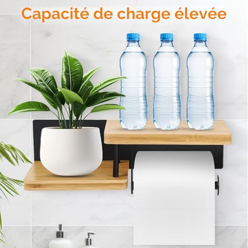 Diealles Shine® Porte-Papier Toilette Mural avec Étagère – Support sans Perçage en Bambou et Acier Inoxydable