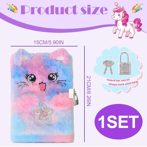 Journal Intime Fille Chat Mignon avec Serrure et Clé - Carnet Secret Peluche Douce 21,5x15,5 cm Rose Bleu - Cadeau Anniversaire Scolaire Voyage