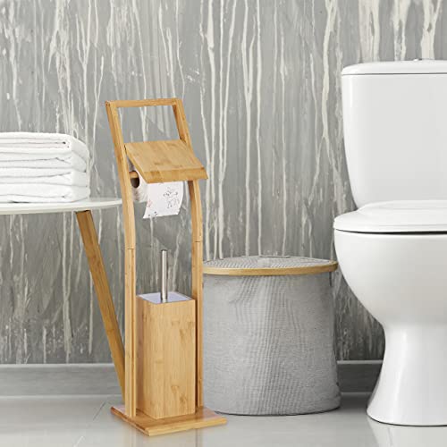 Relaxdays Ensemble WC Bambou et Acier Inoxydable : Brosse WC et Porte-Papier Autonome