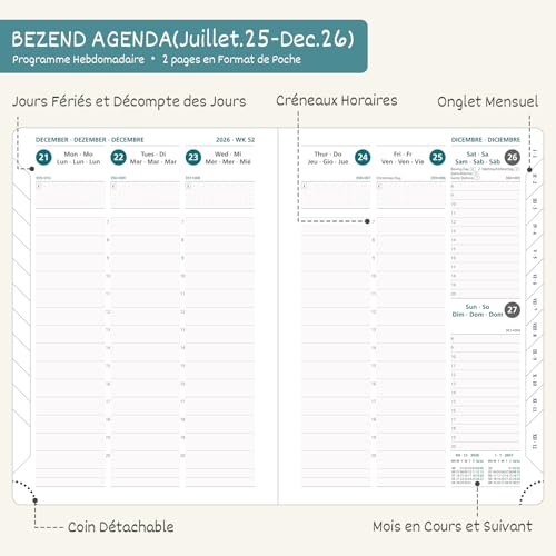 Agenda 2026 Semainier A4 Couverture Rigide Cuir PU Bleuet - Planificateur Annuel et Mensuel